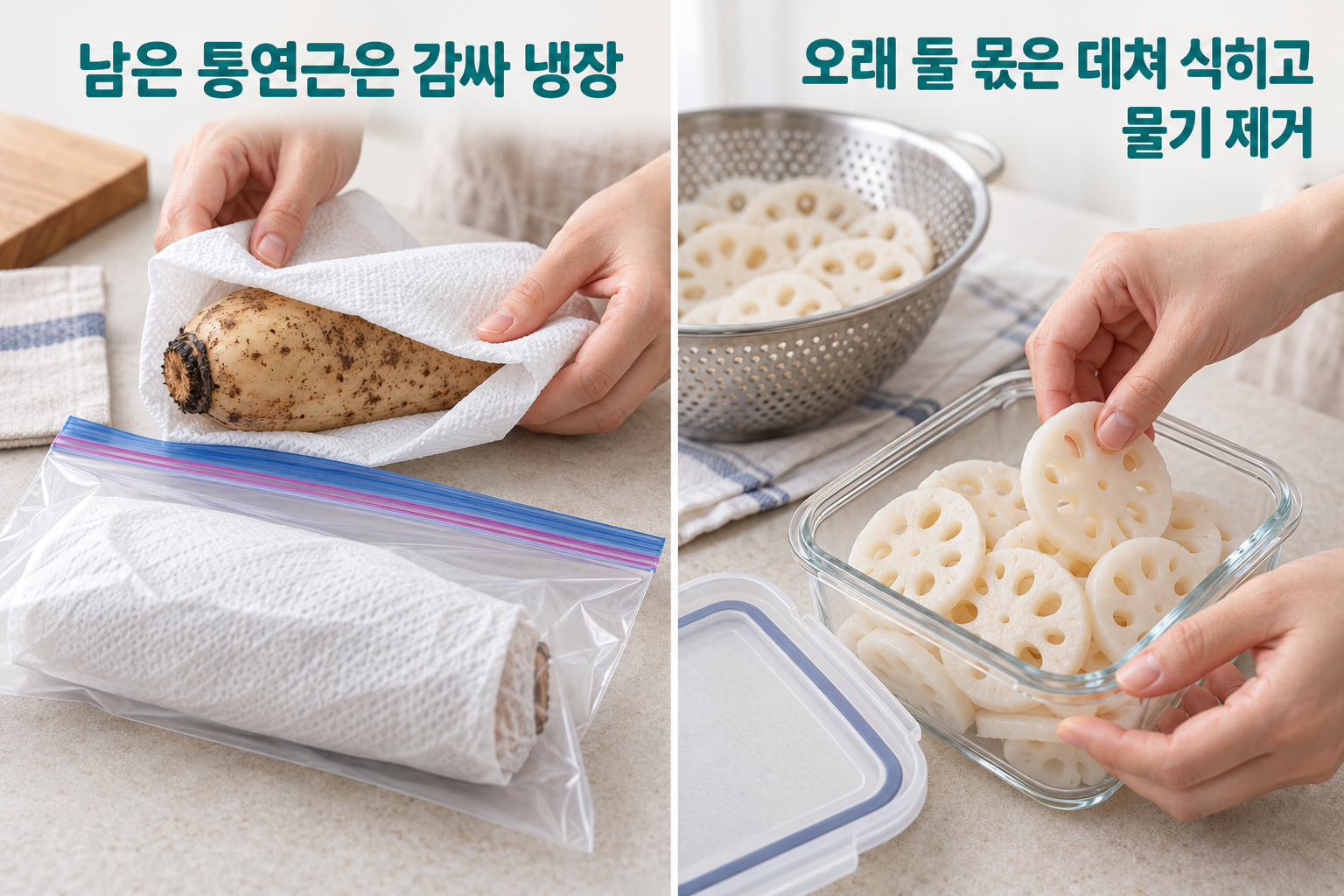 감싸 냉장할 통연근과 데쳐 물기를 제거한 연근을 밀폐용기에 담는 모습