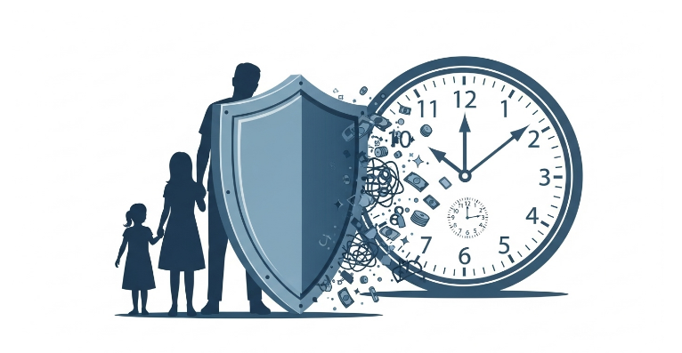 법률 전문가의 도움을 받아 한정승인 절차로 상속 채무로부터 가족을 보호하는 모습을 상징하는 이미지.