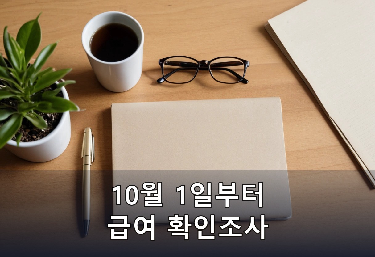 나무 책상 위에 닫힌 베이지색 서류철, 안경, 펜, 커피잔, 화분이 놓인 사진에 '10월 1일부터 급여 확인조사' 문구를 넣은 AI 생성 이미지