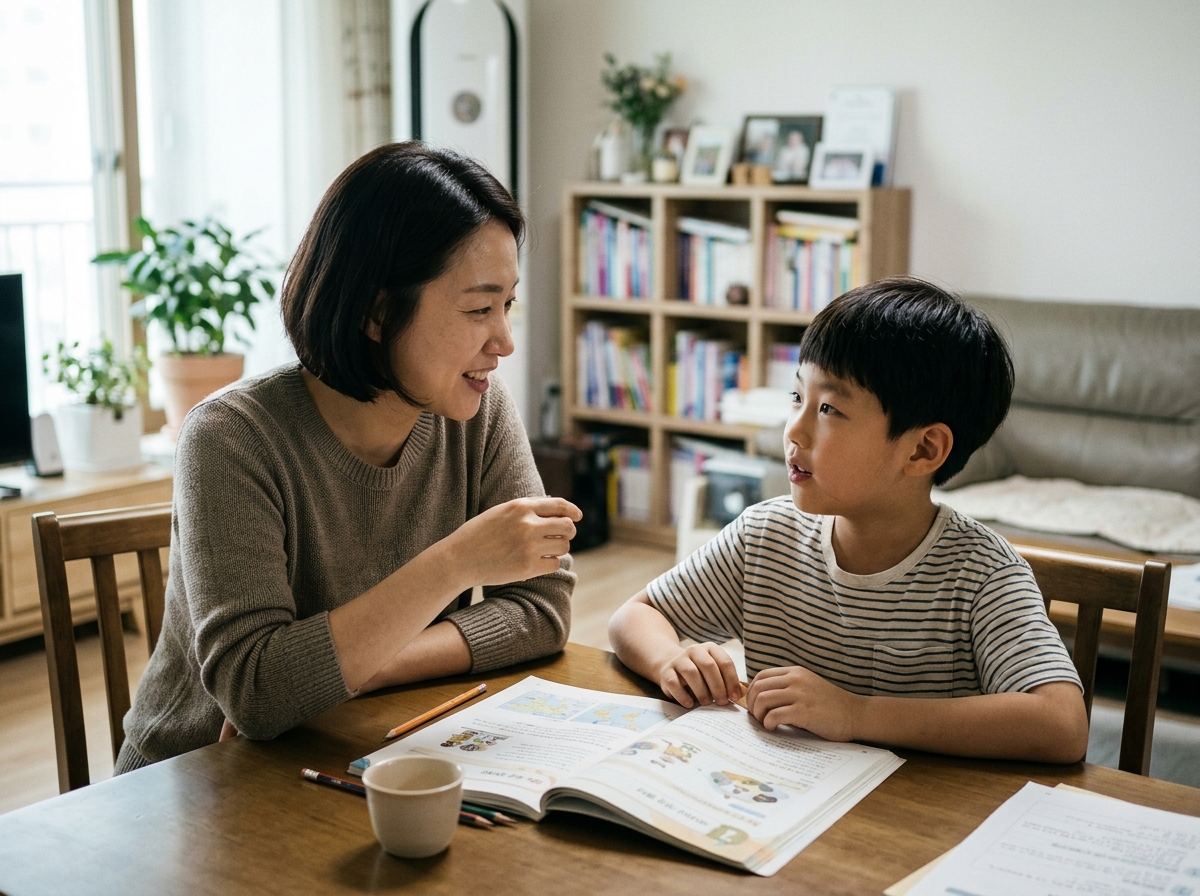 학부모가 초등학생 자녀에게 사회 개념을 실생활에 연결하여 설명하며 학습 계획을 세우는 모습.