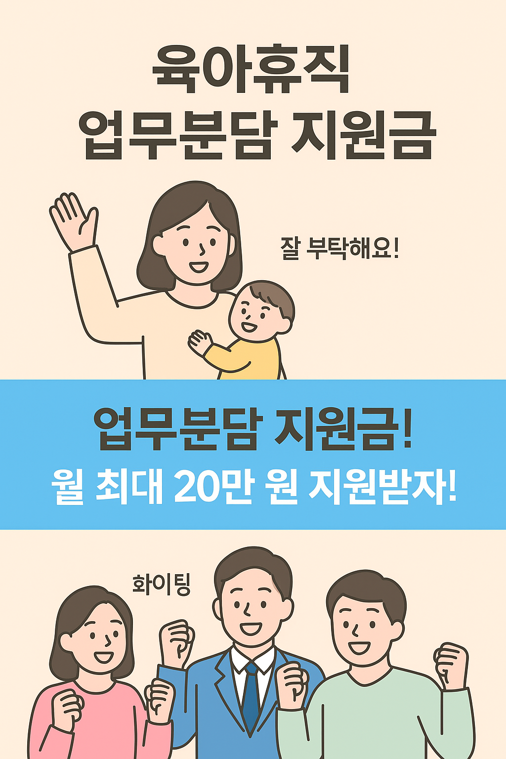 2025년 육아 휴직 업무 분담 지원금 - 신청 방법, 지원 대상, 지원내용, 지원금, 신청 시기
