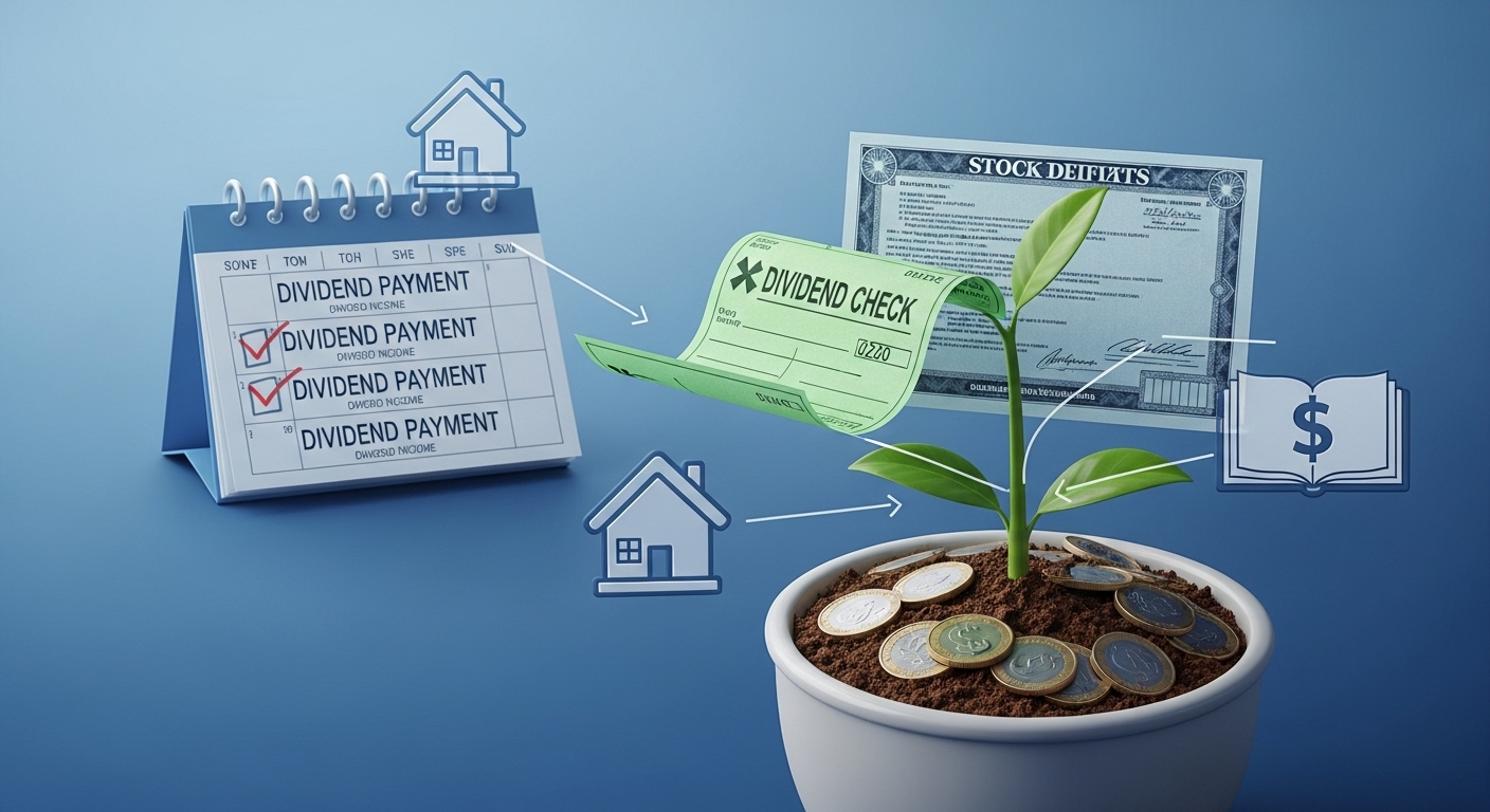 주식 배당금이 식물처럼 꾸준히 성장하여 월급 외 수입을 창출하는 모습을 표현한 이미지. 안정적인 현금 흐름을 시각적으로 보여준다.