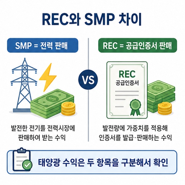 태양광 발전수익에서 SMP는 전력 판매와 관련되고 REC는 공급인증서 판매와 관련된다는 차이를 비교한 이미지