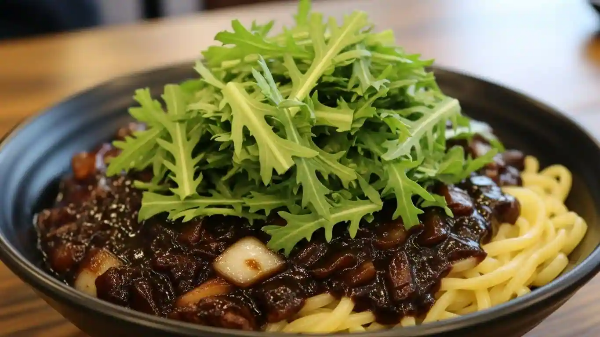 짜장면 위에 쑥갓이 수북하게 올려져 있는 모습