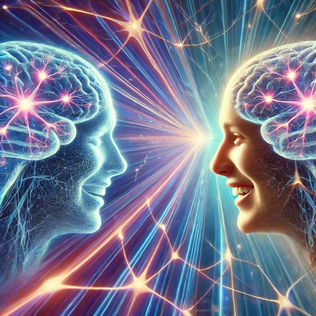 신경 경로를 통해 상호 작용하는 두 사람의 시각적 표현으로 보여주는 거울 뉴런의 개념