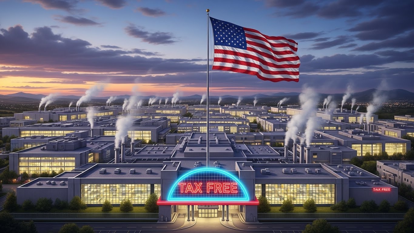 Illustration of a massive semiconductor fab with the US flag flying and a 'Tax Free' neon sign turned on.