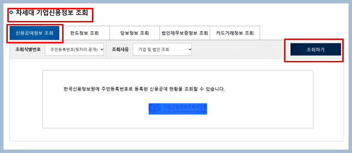 차세대 기업신용정보 조회 화면