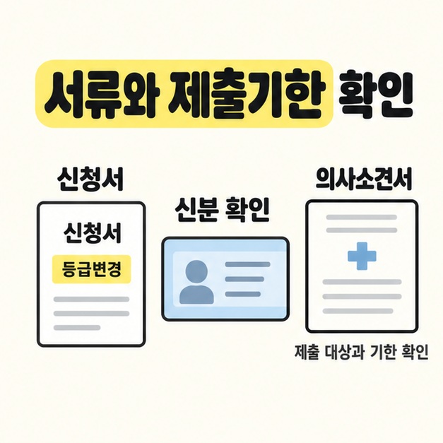 서류와 제출기한 확인이라는 제목 아래 등급변경 항목이 있는 신청서, 신분 확인용 카드, 의사소견서를 나란히 놓고 제출 대상과 기한 확인을 안내한 그림
