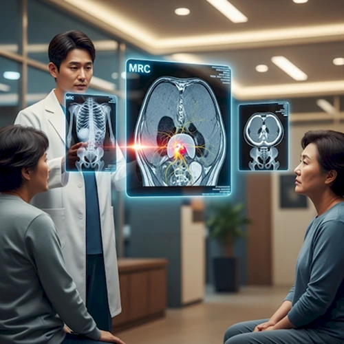 한국인 의사가 환자에게 MRI, CT, X-ray 검사 영상을 비교하며 디스크 진단 시 MRI의 중요성을 설명하는 장면.