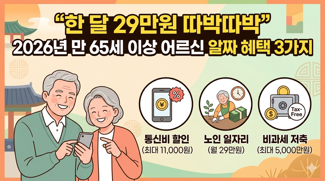 2026년 만 65세 이상 어르신을 위한 알짜 혜택 3가지를 정리한 글에 맞춰, 친근하고 따뜻한 일러스트 기반의 썸네일 이미지를 생성했습니다.