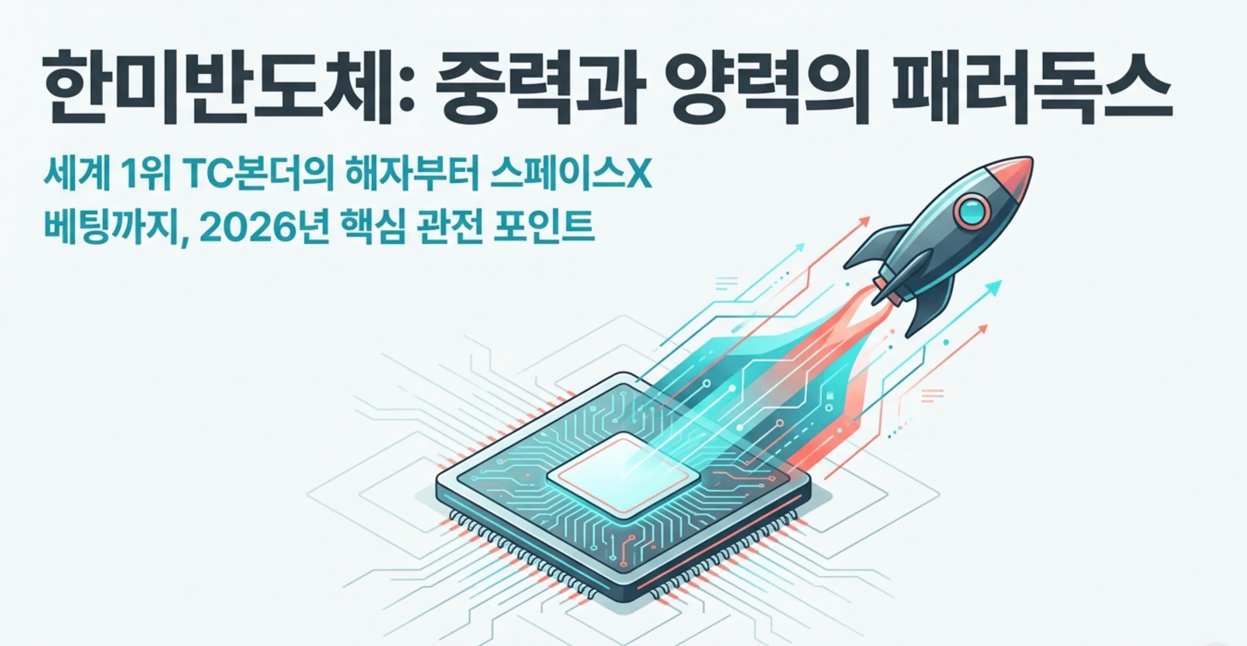 한미반도체 주가 전망: &rsquo;한미반도체: 중력과 양력의 패러독스, 세계 1위 TC본더의 해자부터 스페이스X 베팅까지 2026년 핵심 관전 포인트'라는 문구가 담긴 한미반도체 주가 전망 블로그 대표 이미지. 반도체 칩에서 로켓이 솟아오르는 그래픽으로 TC본더 세계 1위 본업과 스페이스X 투자 모멘텀을 시각적으로 표현하며, 한미반도체 주가 전망과 목표주가 분석이라는 글의 주제를 함축적으로 전달함