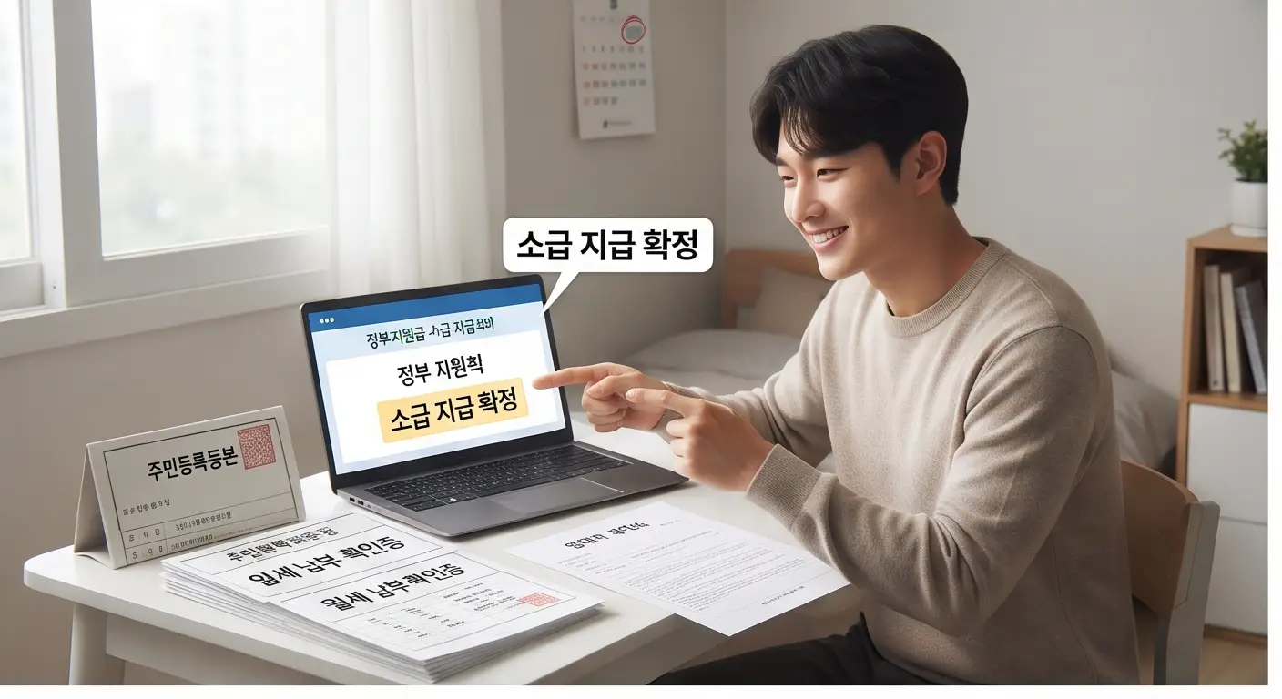 노트북 화면의 소급 지급 확정 문구를 가리키며 밝게 웃고 있는 남성과 주민등록등본 및 월세 납부 확인증 서류