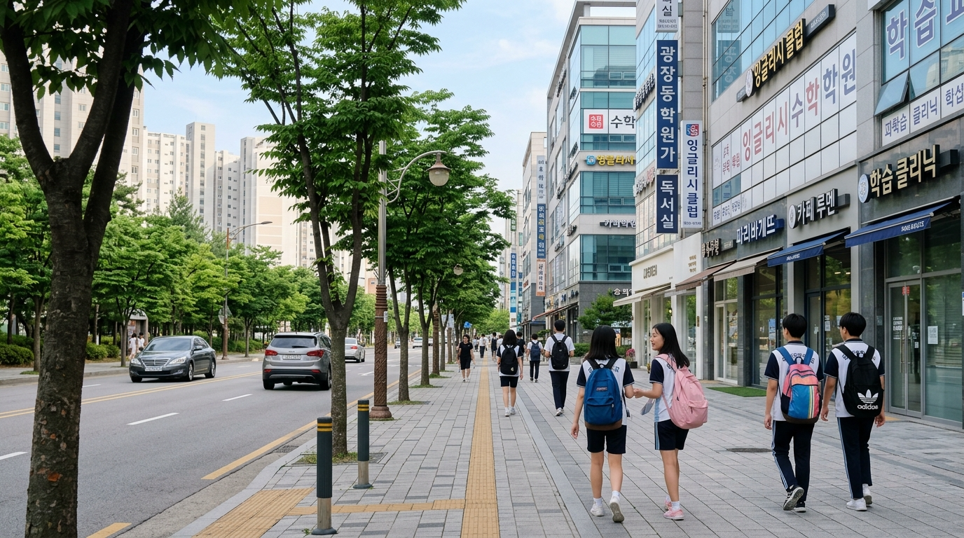 광장동 학원가와 공원의 평화로운 일상