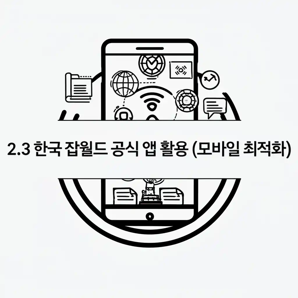 한국 잡월드 공식 앱으로 홈페이지 바로가기 기능을 모바일 최적화하여 활용하는 화면.