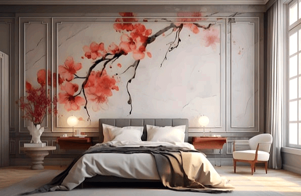 옛날의 객주와 비슷한 호텔방 모습이다. 침대가 있고 침실 벽엔 진분홍 꽃이 아름답게 그려졌다.