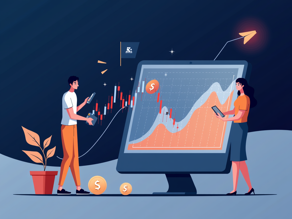 차트 앞에서있는 남녀의 시장 변동성 대응하는 이미지입니다.