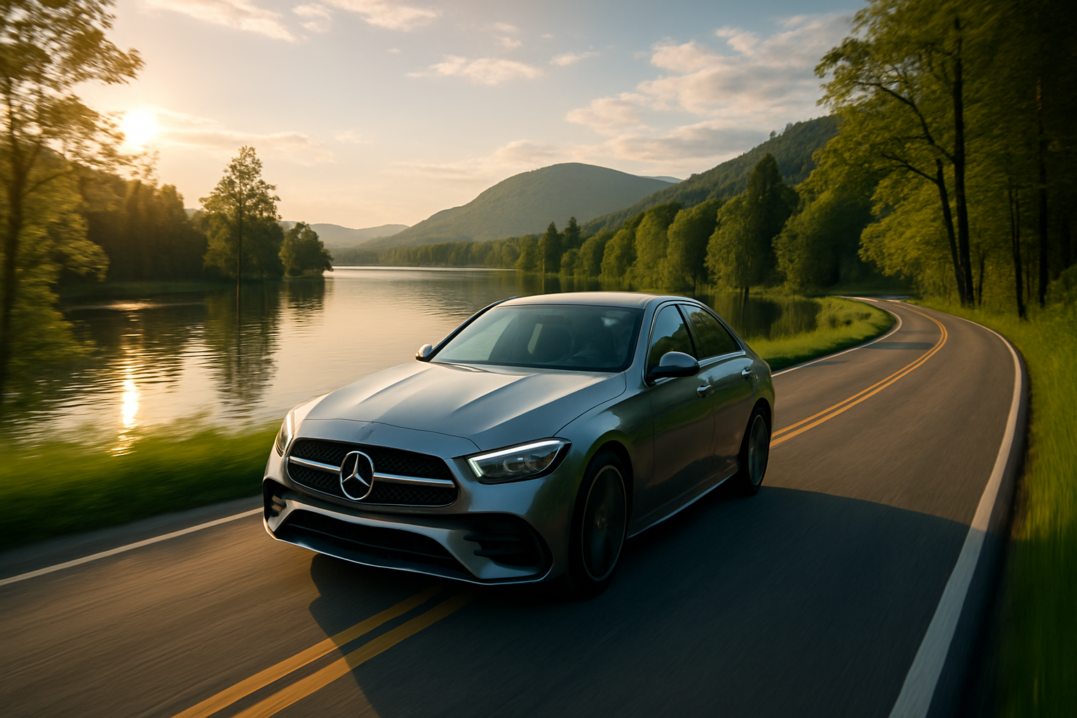 벤츠 차량이 강가를 따라 구불구불한 도로를 달리는 장면 – 자연 속에서 드라이브를 즐기는 모습으로, 호수와 산, 숲이 어우러진 배경