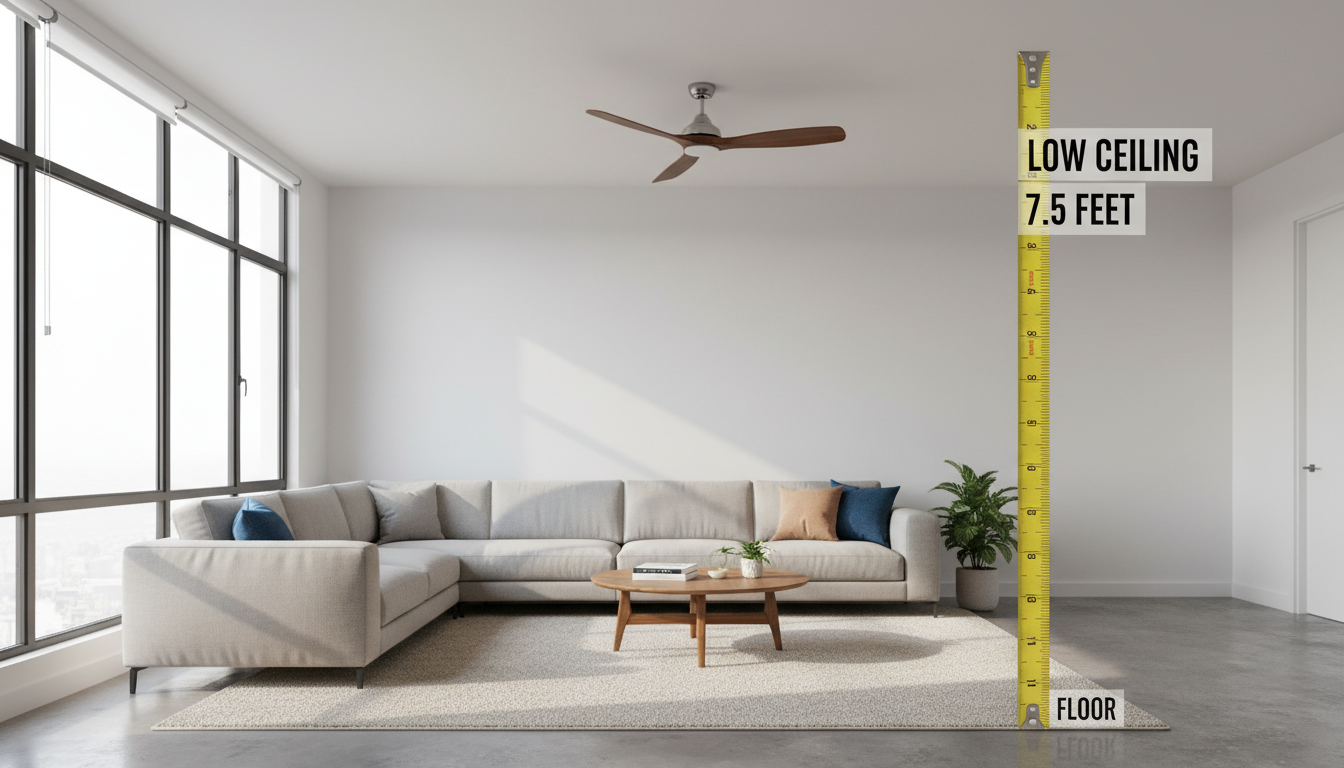 층고가 다소 낮아 보이는 현대적인 아파트 거실에 설치된 실링팬 모습