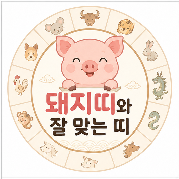 돼지 캐릭터와 십이지 도안으로 돼지띠와 잘 맞는 띠를 표현한 이미지