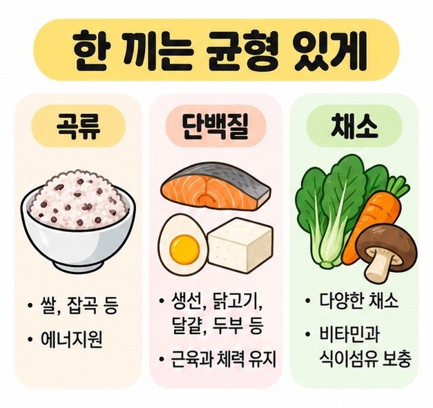 겨울철 한 끼를 곡류, 단백질, 채소 세 가지로 균형 있게 구성하는 방법을 보여주는 카드