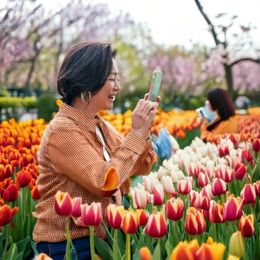 어르신들이 여유롭게 즐기는 튤립정원
