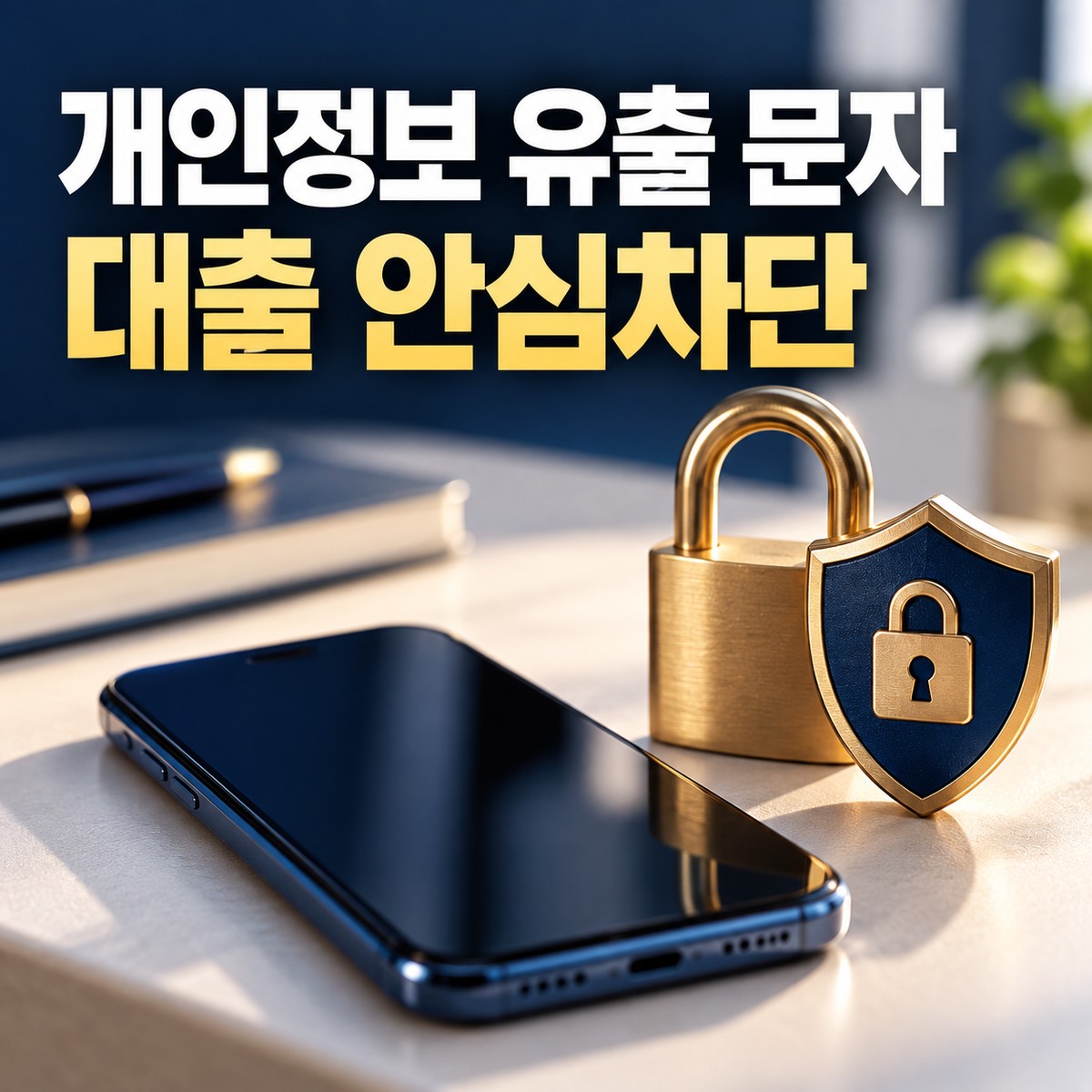 개인정보 유출 문자와 대출 안심차단 문구 옆에 스마트폰과 자물쇠가 놓인 대표 이미지