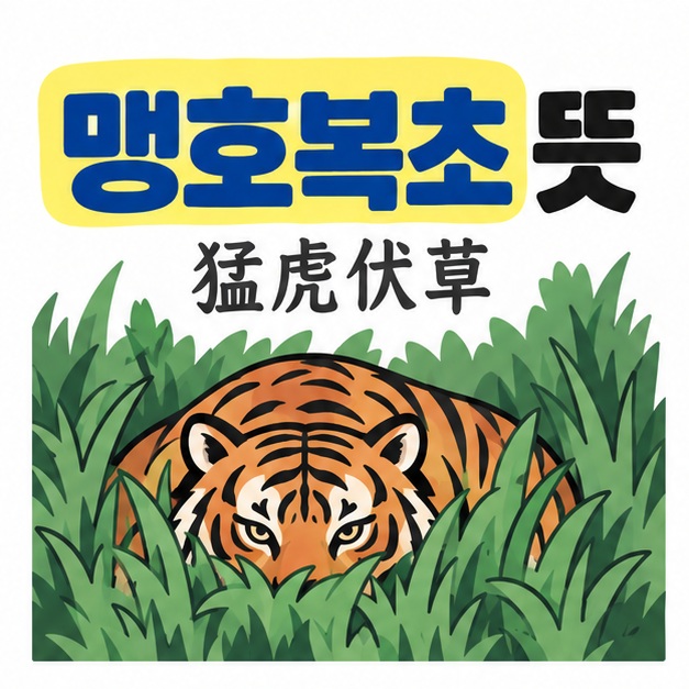 맹호복초 뜻 문구와 풀숲에 몸을 낮춘 호랑이 실루엣, 한자 猛虎伏草를 보여주는 대표 카드