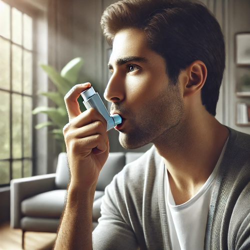 현대적인 실내 환경에서 천식 흡입기를 사용하는 남성의 모습, 차분하고 자연스러운 표정과 창문을 통해 들어오는 부드러운 자연광이 어우러진 장면