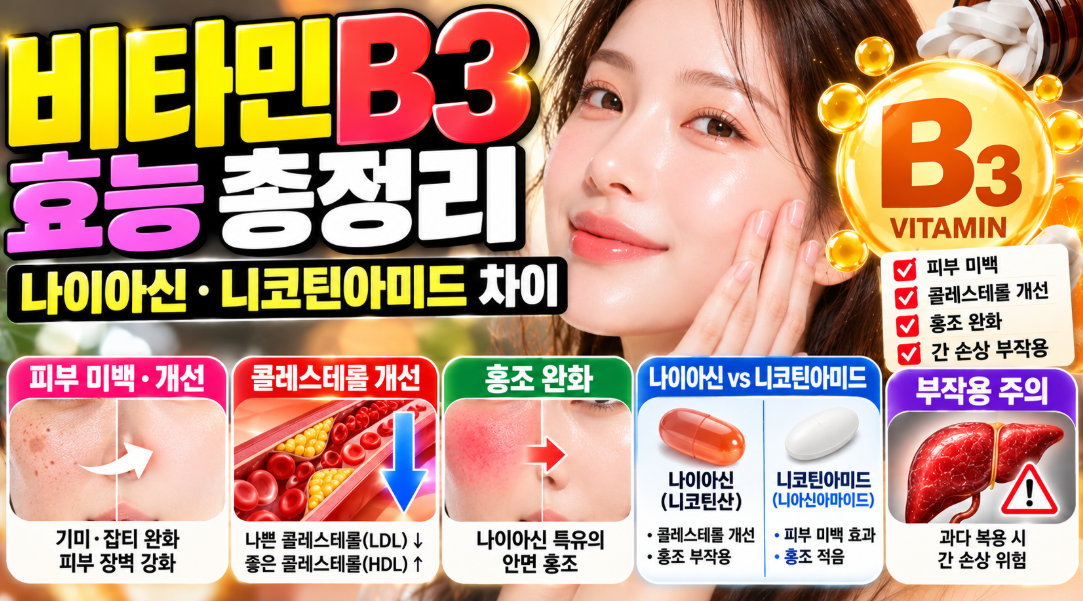 비타민B3 효능 총정리｜나이아신&middot;니코틴아미드 차이&middot;피부 미백&middot;콜레스테롤&middot;홍조&middot;간 손상 부작용