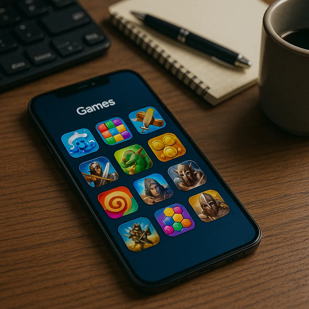 책상 위 스마트폰에 다양한 게임 아이콘이 표시된 화면