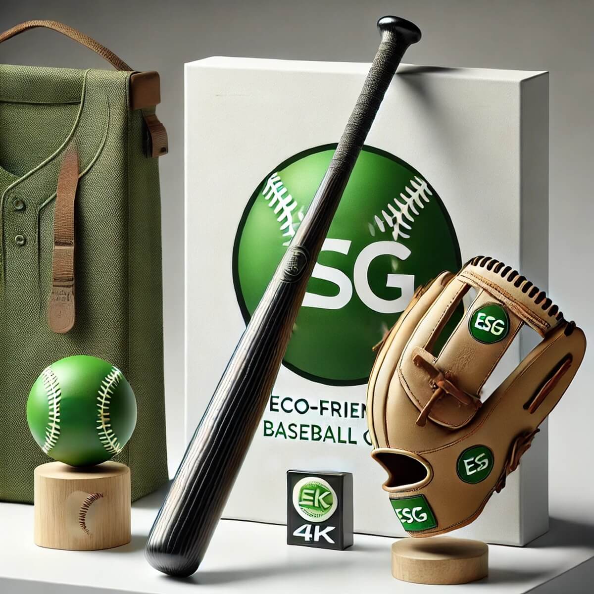 ESG 로고와 함께 진열된 친환경 야구 배트와 장갑 제품