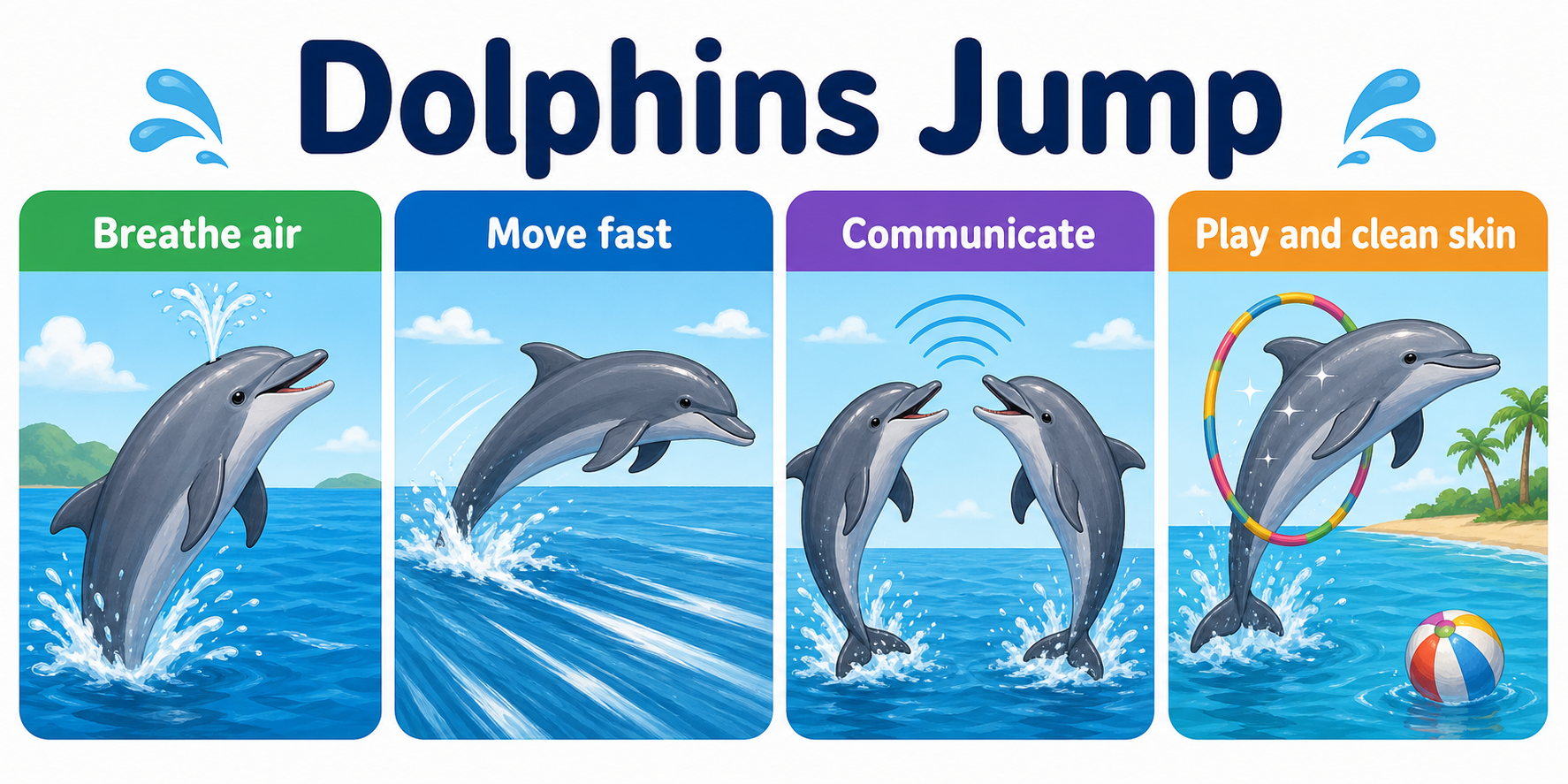 Infographic explaining why dolphins jump to breathe, communicate, play, move, and remove parasites