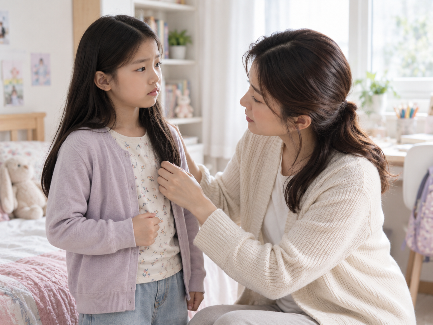 아이의 옷매무새를 다듬는 엄마와 딸