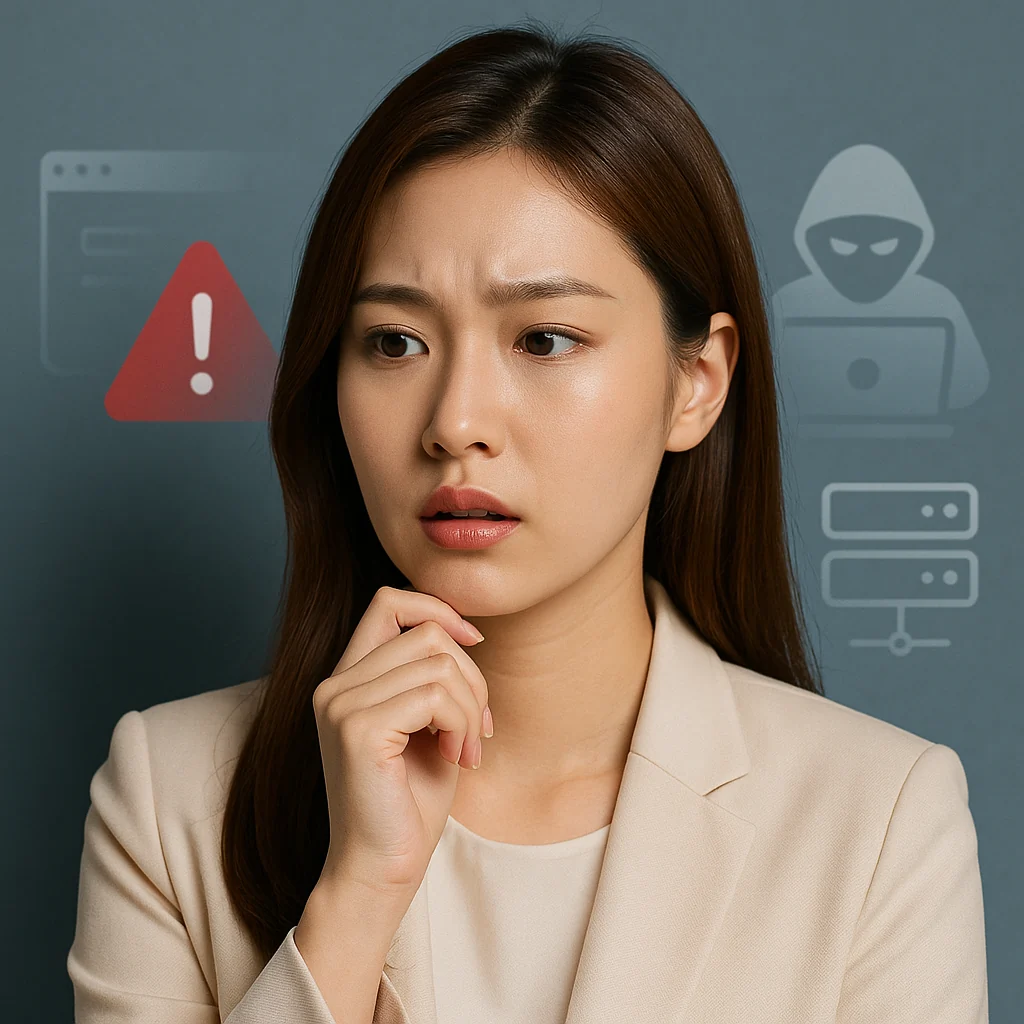 보안 위협을 감지한 여성의 진지한 표정 – SK쉴더스 해킹 사고 대표 이미지