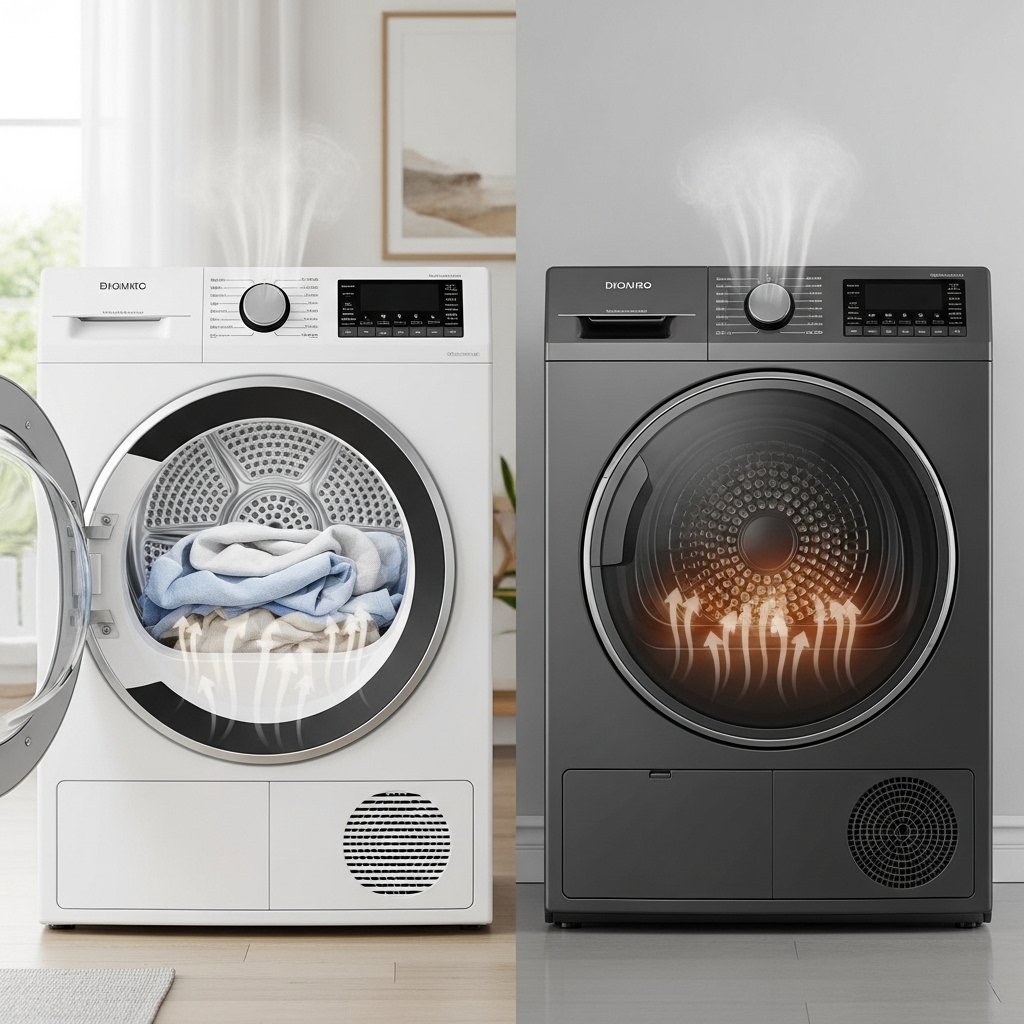 최신 전기 건조기와 가스 건조기가 나란히 놓인 세련된 세탁실 모습.