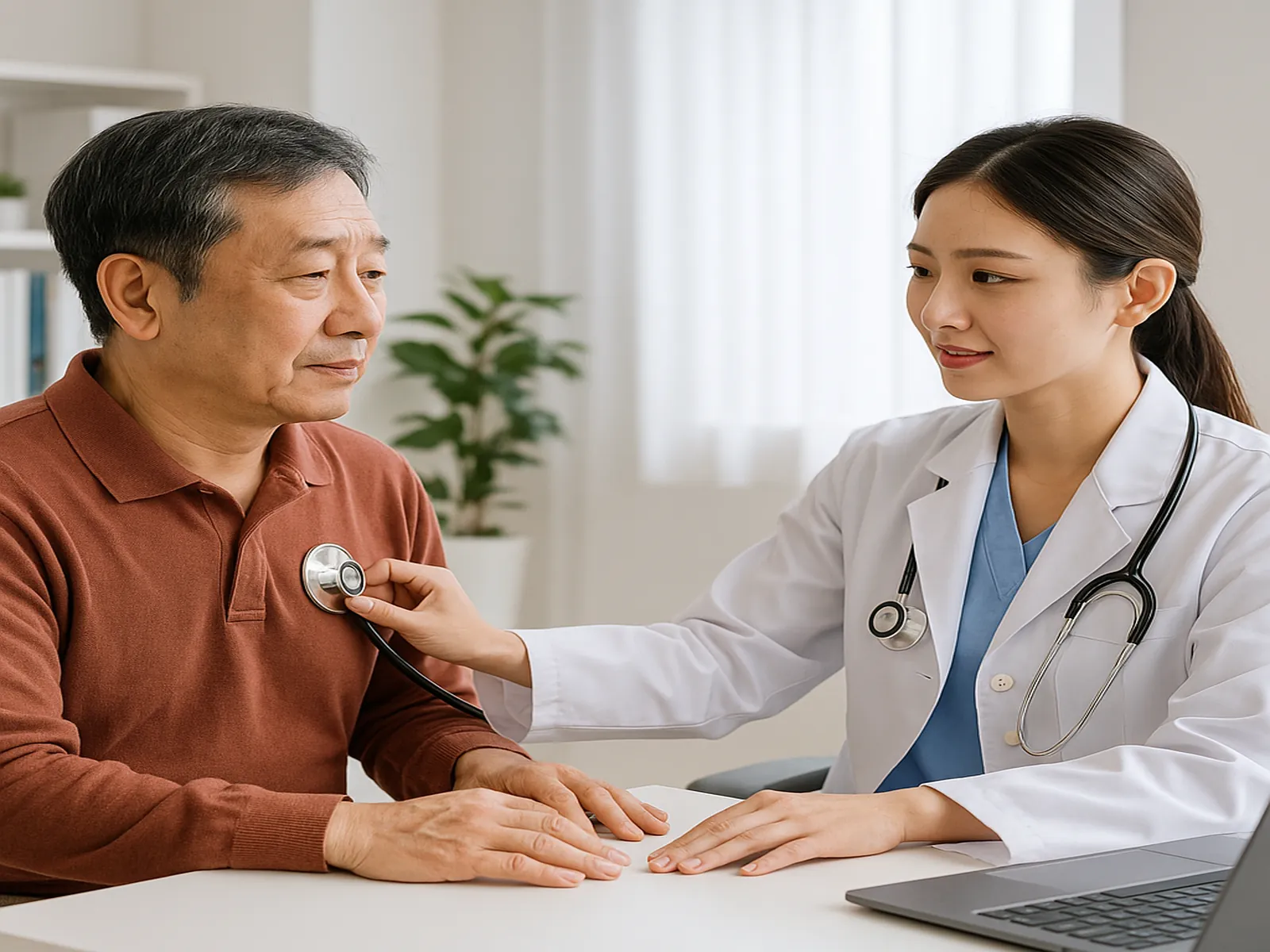병원 진료실에서 50대 한국인 남성이 의사에게 청진기를 통해 진찰을 받는 모습