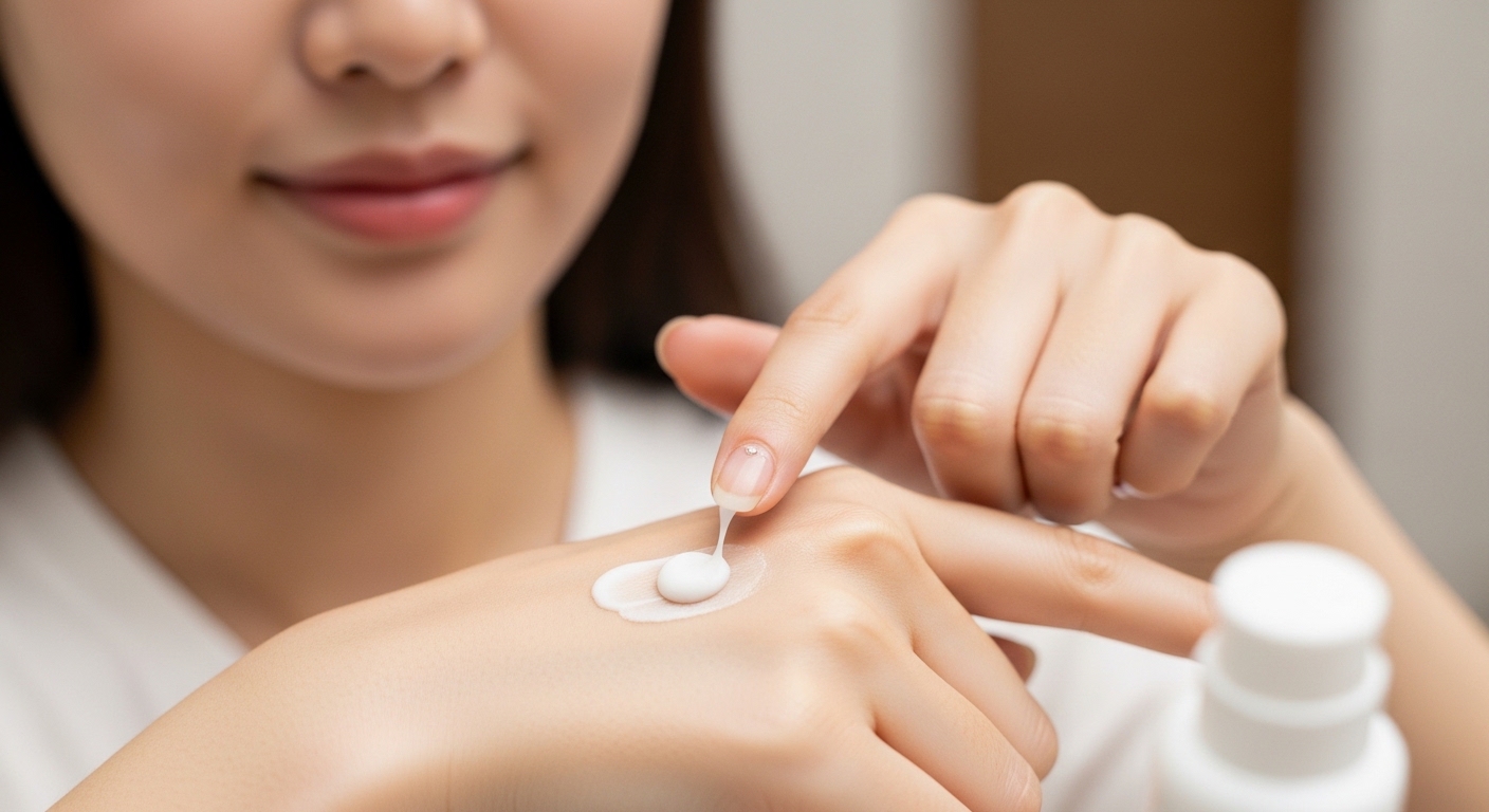 20대-여성이-손등에-크림을-콩알-만큼-덜어-펴바르는-클로즈업-장면