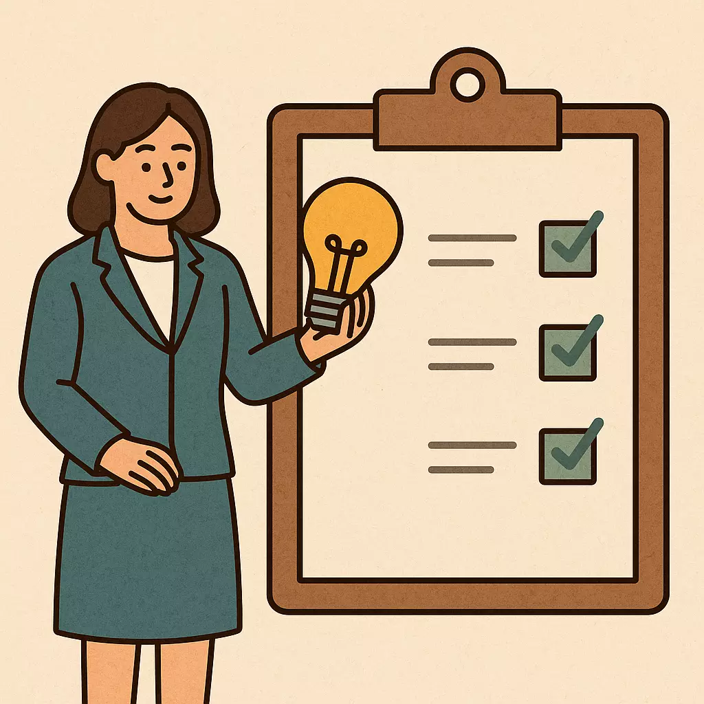 건보료 상위 10% 문제를 해결하기 위한 아이디어와 체크리스트를 제안하는 장면 &ndash; 문제 해결을 상징하는 전구와 체크 표시 강조