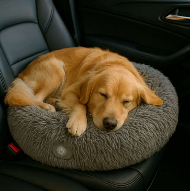 보온용 스트레스 완화용 정서 안정 쿠션에 앉아있는 애완견 사진