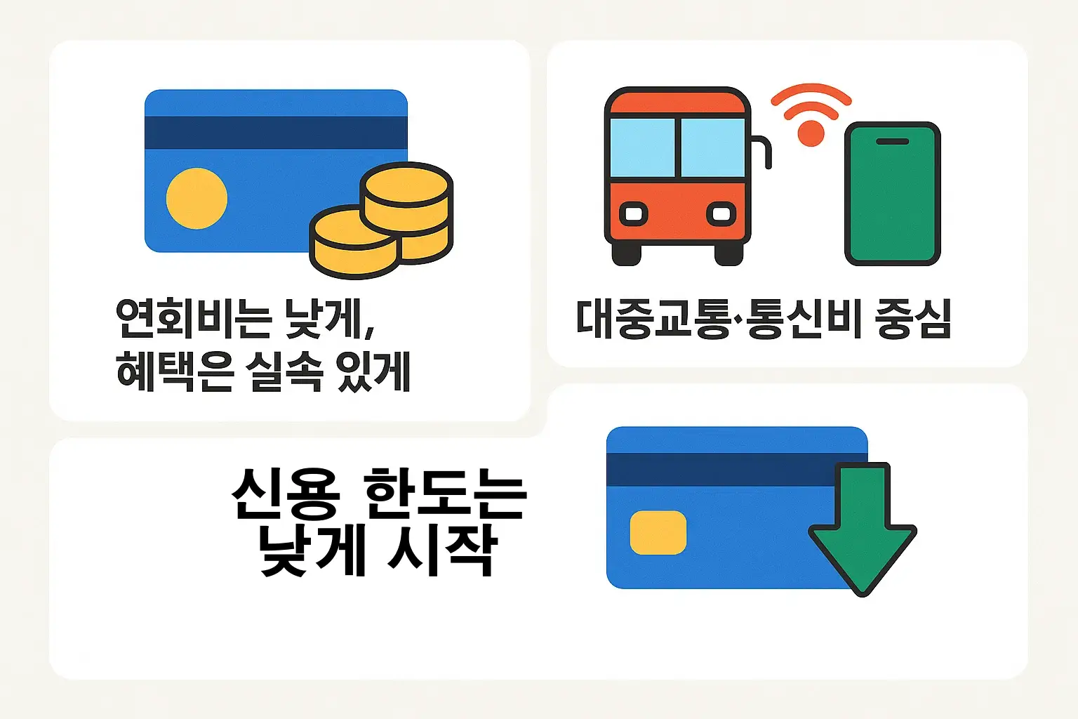사회초년생이 첫 신용카드를 선택할 때 알아야 할 기본 원칙을 정리한 인포그래픽. 연회비는 낮게, 대중교통&middot;통신비 중심 혜택, 낮은 한도에서 시작하는 합리적 카드 사용 가이드.