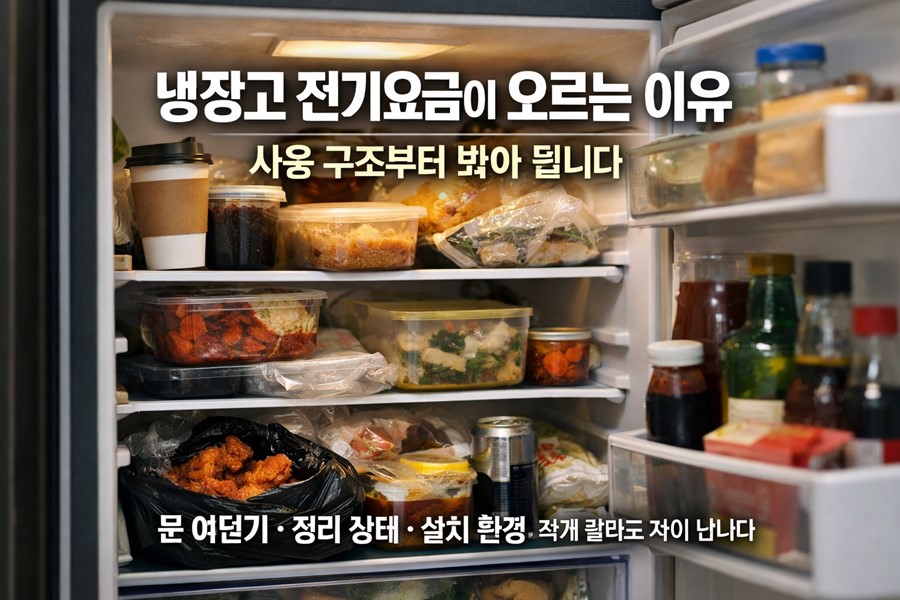 냉장고 문을 자주 열고 정리가 잘되지 않은 냉장실과 배달 음식, 반찬통이 함께 보이며 냉장고 전기요금이 새는 사용 구조를 보여주는 이미지