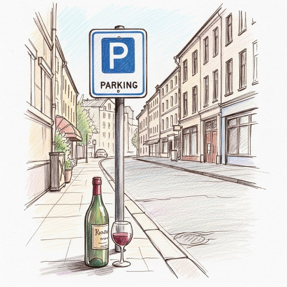 한적한 거리의 주차 안내와 와인 병 일러스트