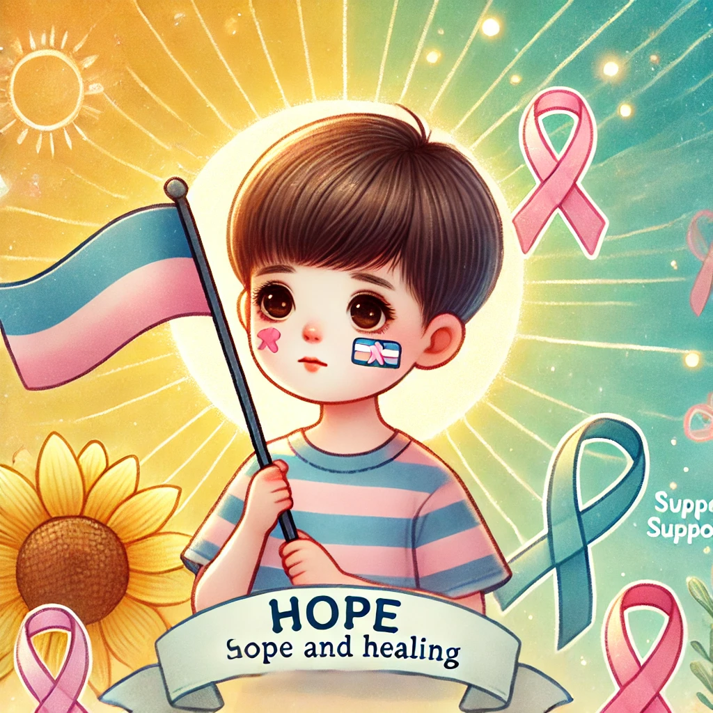 승리 깃발을 들고 밝게 웃는 소아암 아이, 햇살과 응원 리본이 함께한 장면