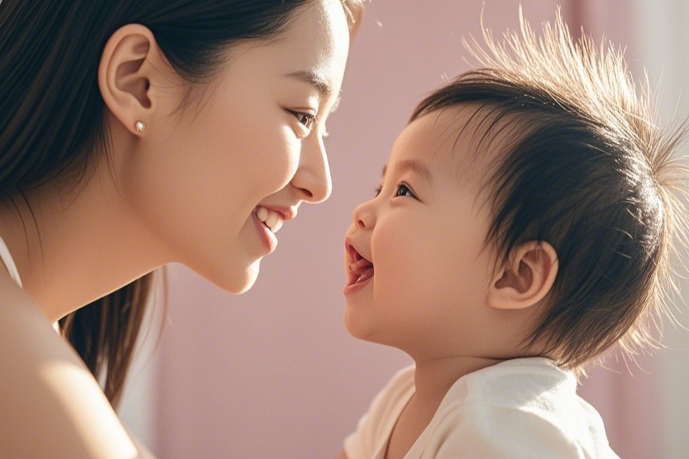 엄마와 대화하며 언어를 배우는 12개월 아기