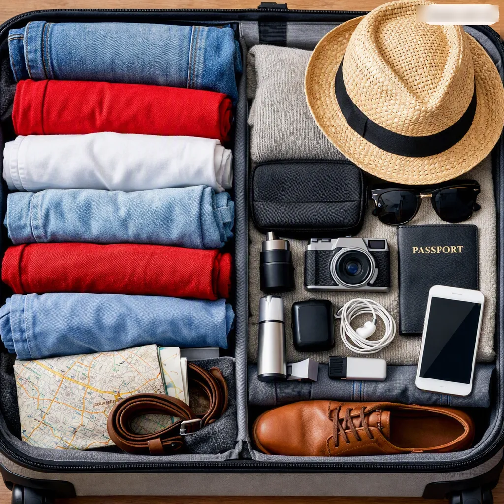 Open suitcase packed with rolled clothes, camera, passport, and travel essentials showing efficient packing hack.