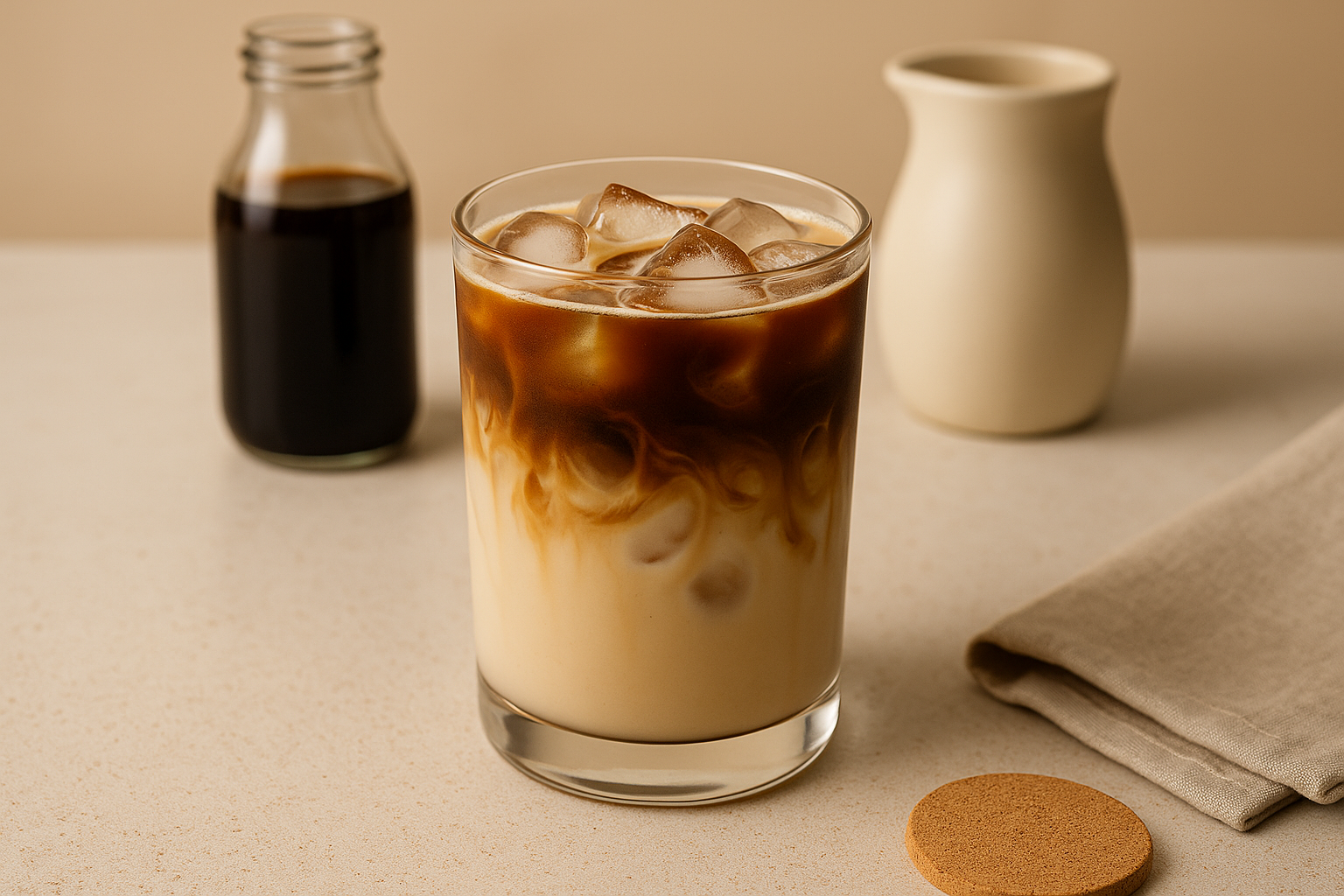 얼음과 층이 분리된 콜드브루 라떼 한 잔, 옆에 커피와 우유
