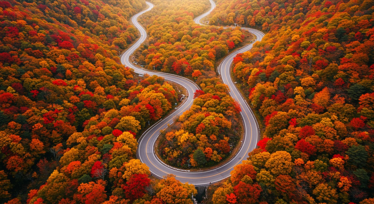 가을 단풍이 절정인 정선 문치재 S자 코스를 한눈에 담은 드라이브 코스 전경