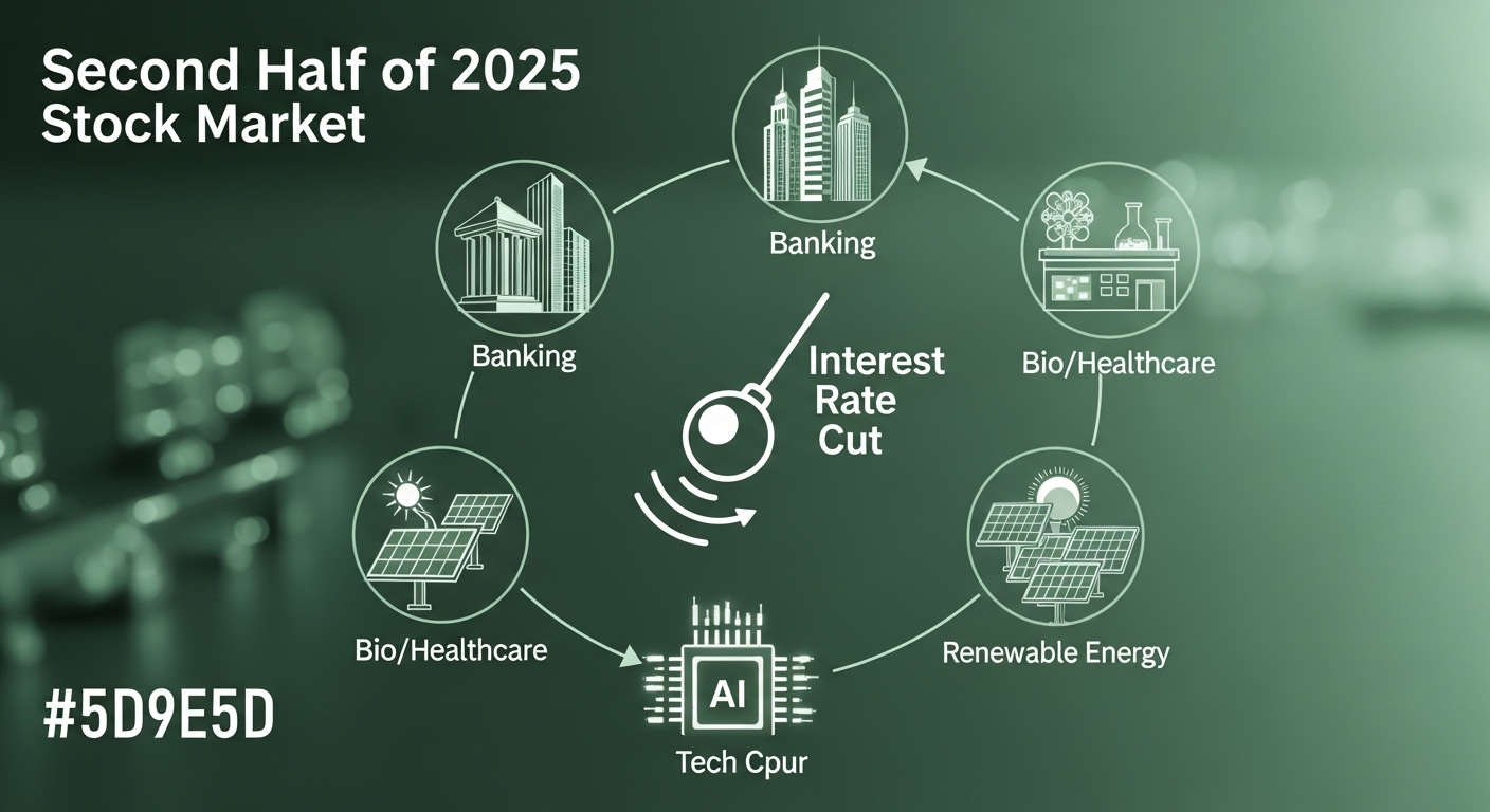 A highly conceptual and realistic image visualizing the "Second Half of 2025 Stock Market" opportunity. Centerpiece is a stylized pendulum representing 'Interest Rate Cut' motion. Surrounding it are detailed, interconnected icons of Financial Towers (Banking), a Scientific Research Lab (Bio/Healthcare), a High-Performance AI Semiconductor Chip (Tech), and Solar Panels (Renewable Energy), arranged in a circular formation. All elements are bathed in a futuristic light, primarily utilizing a serene and luxurious green (#5D9E5D) hue, conveying the theme of imminent explosive sector growth. Blend photorealism with infographic elements.