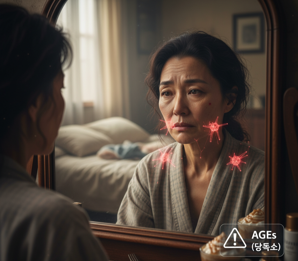갱년기 여성의 피부 노화와 당독소(AGEs) 축적을 표현한 이미지