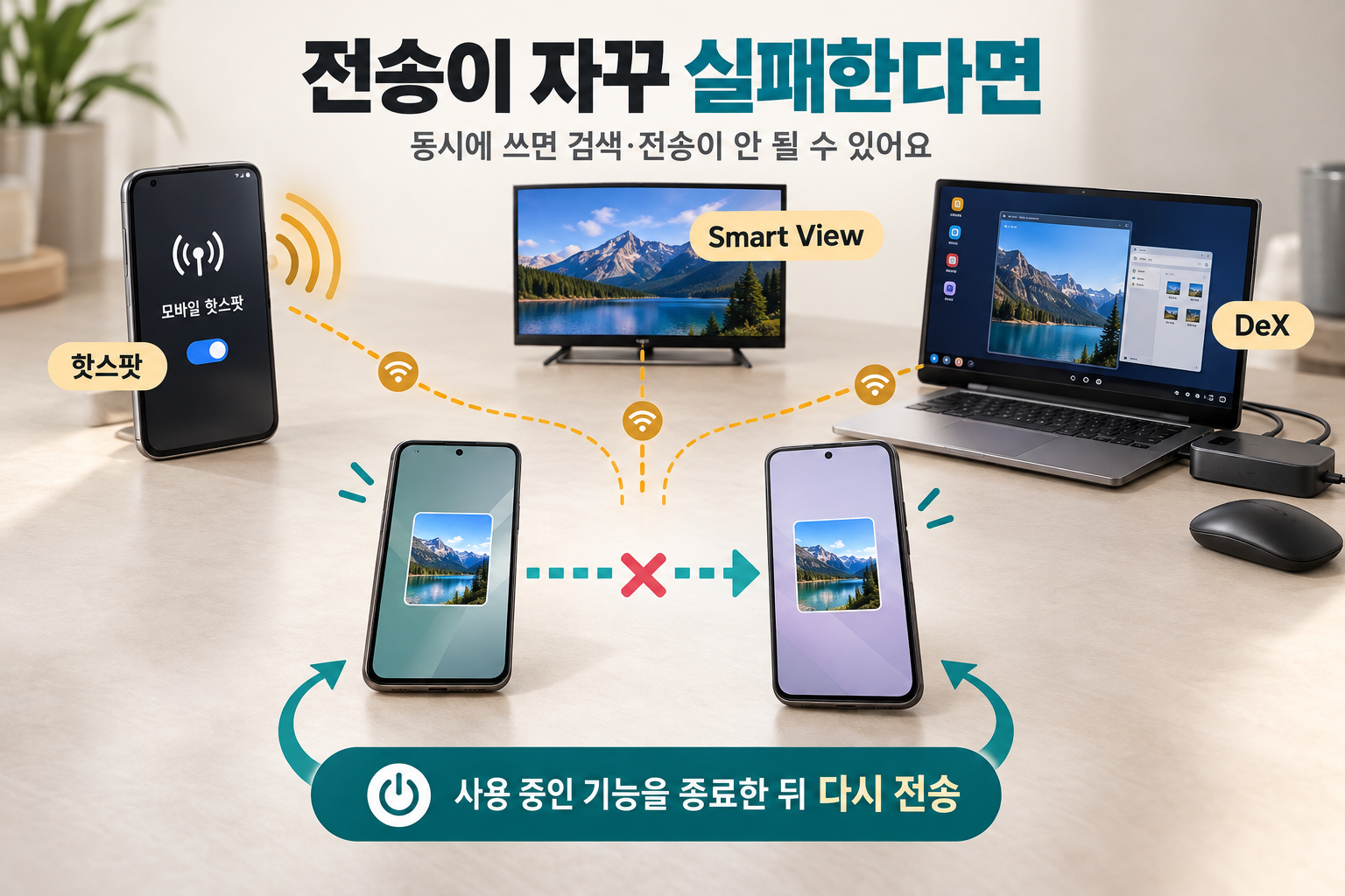퀵쉐어와 함께 사용하는 핫스팟·Smart View·DeX 연결을 종료하고 다시 전송하는 순서